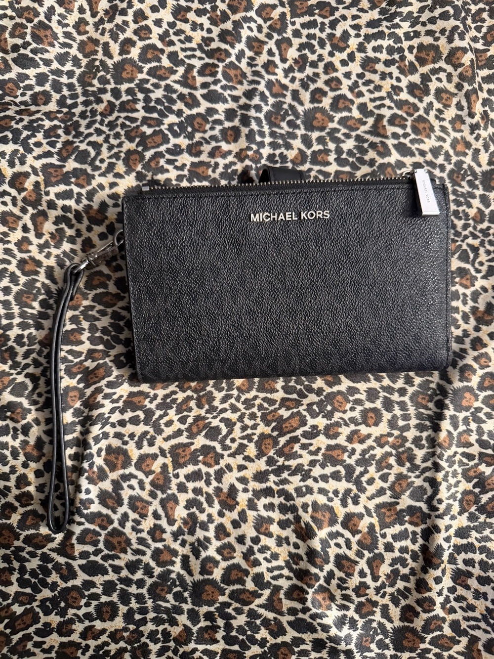 Michael Kors Black Pebbled Leather Wristlet Clutch with Gold Logo